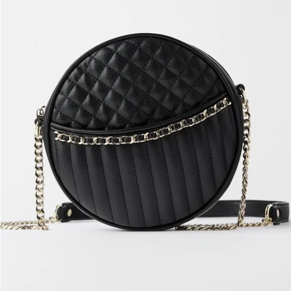 Zara Black Leather Crossbody Bag Gold Chain Circle Shaped Quilted Purse